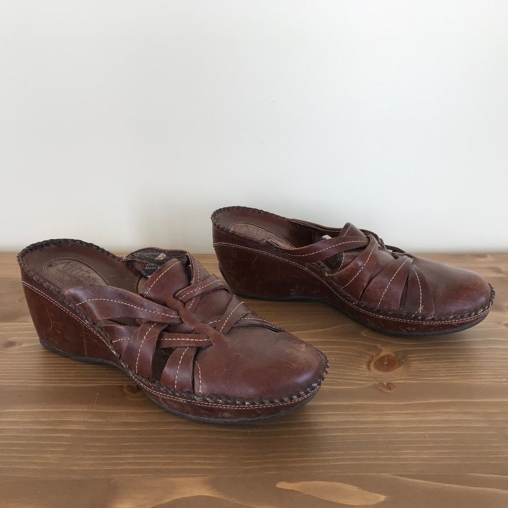Clarks Artisan Brown Leather Woven Slip On Clog Shoes with Covered Wedge Heel